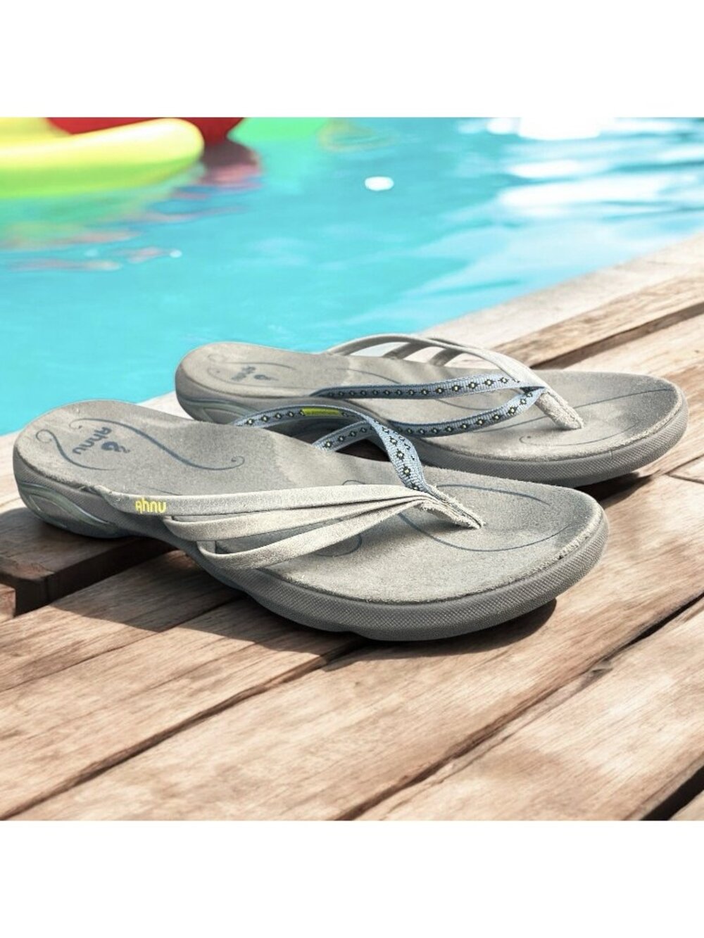 Ahnu Olema Womens Size 7 Gray Casual Blue Walking Flip Flop Slipper Thong Sandal